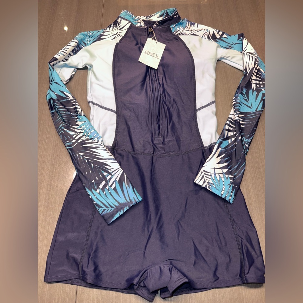 Blue and White Long Sleeve Swimsuit